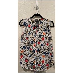 CHELSEA & THEODORE White Floral Multicolor Sleeveless Blouse